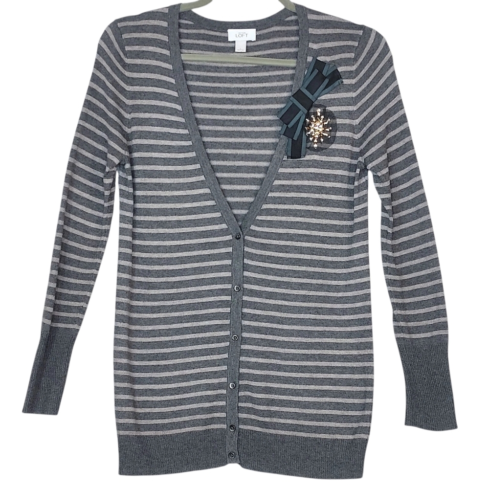 LOFT Women L Charcoal & Dark Gray Woolblend Ribbon Brooch Knit Long Cardigan